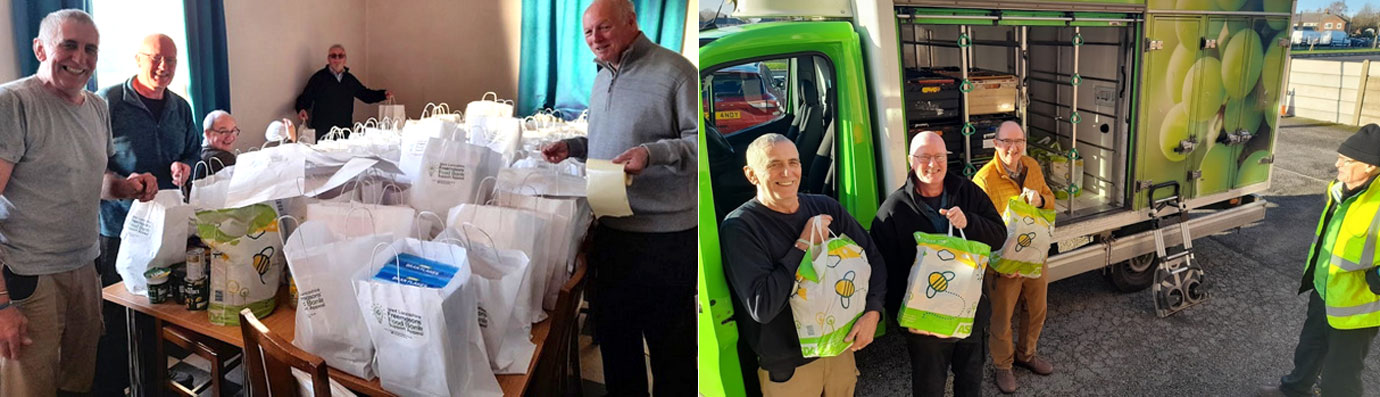 Pictured left; Widnes brethren organising the foodbank parcels from left to right, are: John Baldwin, David Lewis, John Gibbon, Andy Pope and Peter Kenny. Pictured right from left to right, are: John Baldwin, David Lewis and John Gibbon with the driver preparing the foodbank parcels for distribution.