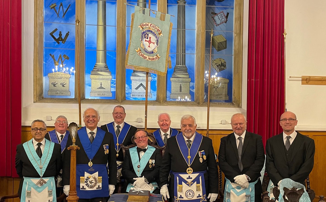 In the lodge room at Durham with the WM of Bede College Lodge. In the lodge room at Durham with the WM of Bede College Lodge.