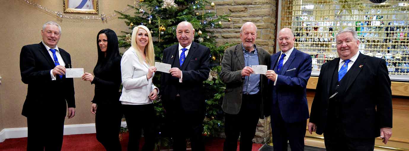 Pictured from left to right, are; Ian Simm presenting a cheque to Naomi Haworth from Watch Us Grow. Jackie Moss from Chorley Women's Centre receiving a cheque from group chairman Peter Allen. Ken Phillips from Chorley Help the Homeless receiving a cheque from Malcolm Schofield and Denis Martindale.