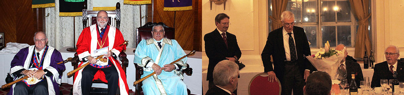 Pictured left from left to right, are: The Three Principals, Dr Peter Green, David Berrington and Les Williams. Pictured right: Brian responding to all those present for attending his golden jubilee.