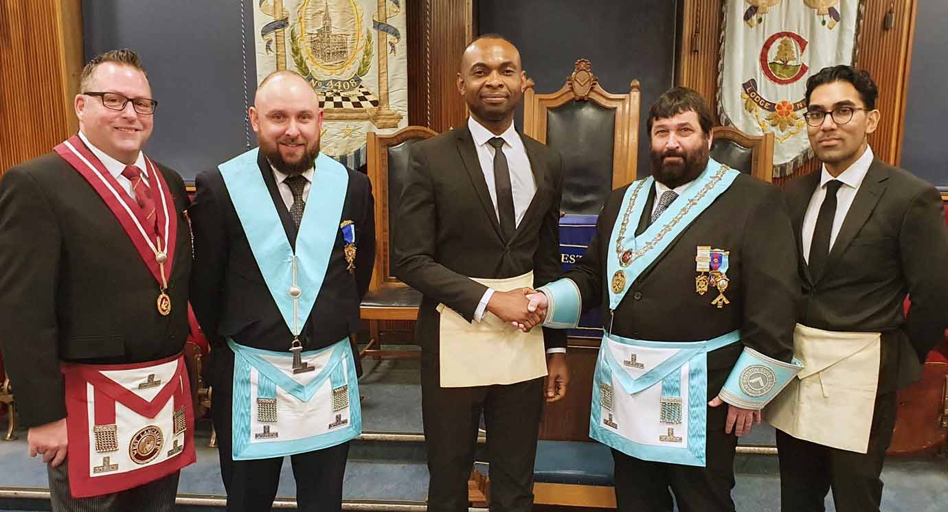 Pictured from left to right, are: Simon Wright, David Parker (lodge membership officer), Boniface Ogbonna, Tim Horton and Joey Sahota.