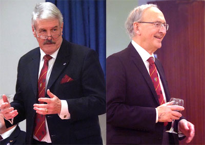 Pictured left: Paul Renton speaking at the festive board. Pictured right: David Harrison singing the principal’s song at the festive board.