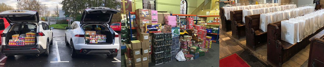 Pictured left: First shop. Pictured centre: Necessities required for Christmas. Pictured right: Hampers at Wigan Group of Churches Distribution Centre.