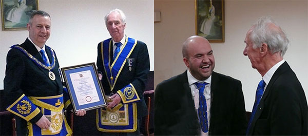 Pictured left: Peter presents the certificate to Allan. Pictured right: Nick and Allan compare notes after the meeting.