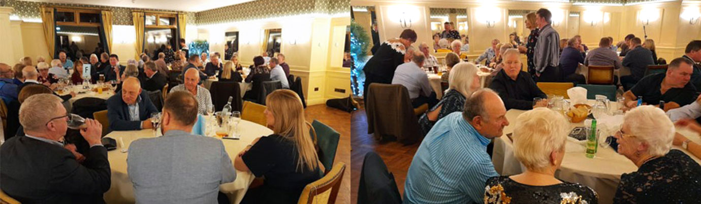 Pictured left: Full tables at the Newby bridge Social! Pictured right: Stood in the centre of the room is Phil Burrow ensuring all have enjoyed their evening.