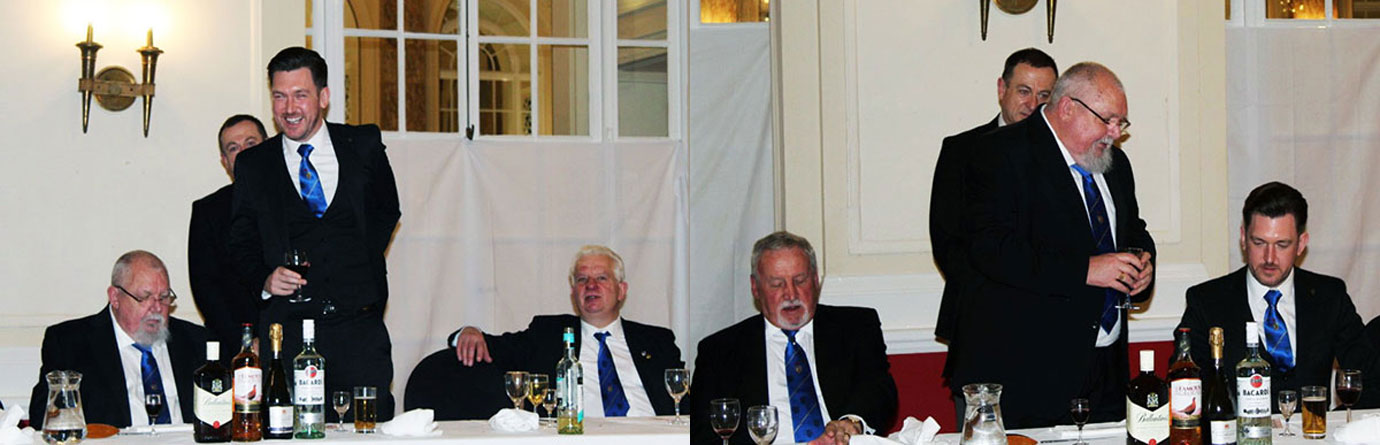 Pictured left: Dean delivers the toast to the new master, father Peter. Pictured right: Peter delivers the toast to his immediate past master, son Dean. Pictured left: Dean delivers the toast to the new master, father Peter. Pictured right: Peter delivers the toast to his immediate past master, son Dean.