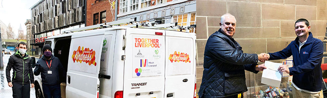 Pictured left: Micah’s van collecting the food and other items from Liverpool Masonic Hall. Pictured right: Dave Johnson presenting the cheque to Paul O’’Brien, Executive Director of Micah, within the Liverpool Anglican Cathedral.