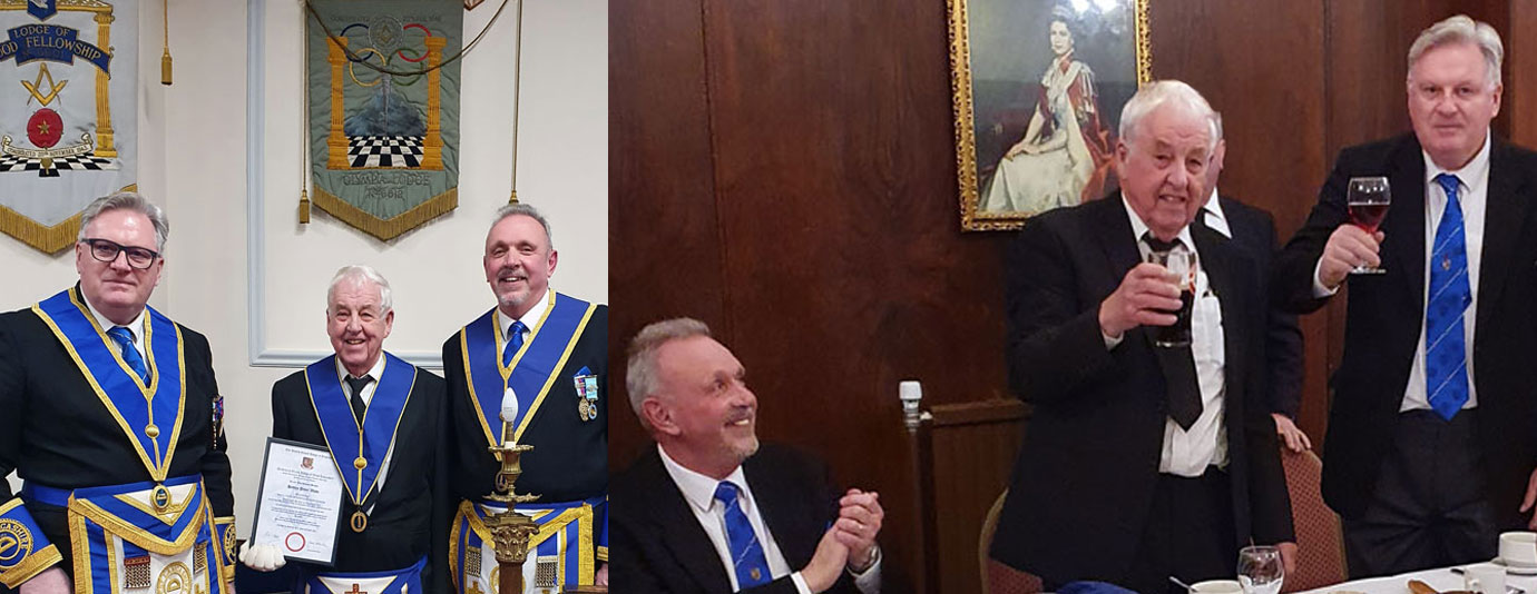 Pictured left from left to right, are: Gowan O’Hagan, Hedley Wade beneath the banner of Olympia Lodge and Dave Asbridge. Pictured right: Gowan O’Hagan (right) taking wine with Hedley while Dave Asbridge shows his approval.