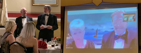 Pictured left: John Tyrer addresses the diners. Pictured right: Kevin and Sue Poynton making an appearance via Zoom.