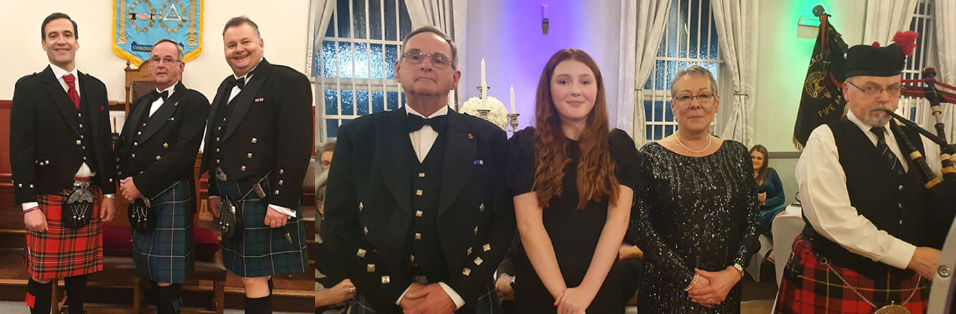 Pictured left from left to right, are: Chris Farley, Ian Thompson and Paul Hudson. Pictured right from left to right, are: Ian Thompson WM St Paul’s Lodge, Sophie Sullivan, Gill Thompson and a member of the Liverpool Clan Wallace Pipe Band