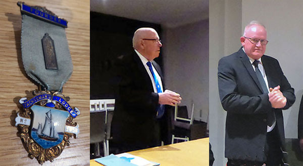 Pictured left: Yachtsman’s Lodge founder’s jewel. Pictured centre: Hughie O’Neil proposes the toast to Mark. Pictured right: Mark responds to the toast.