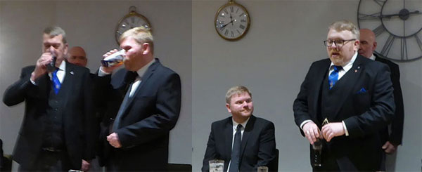 Pictured left: Gary Devlin (left) takes wine with Mathew. Pictured right: Alan Ledger proposes the toast to Mathew.