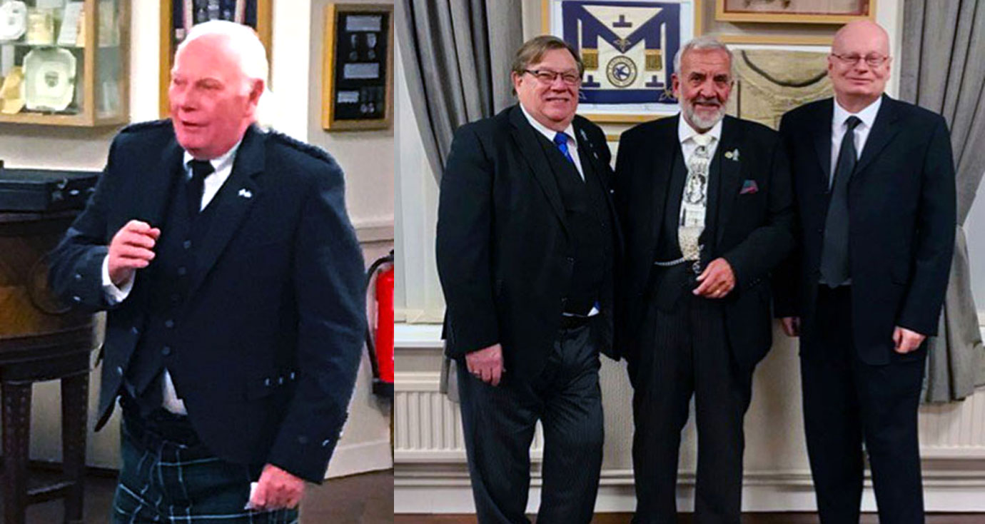 Pictured left: Brian Purdie recites a Robbie Burns poem. Pictured right from left to right, are: Roy Rhodes (John’s proposer), John Forster (WM) and initiate John Todd.
