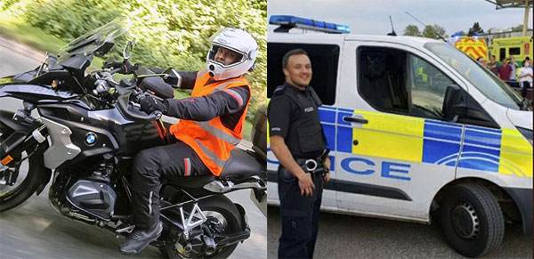 Pictured left: Biker Adam. Pictured right: Adam on duty.