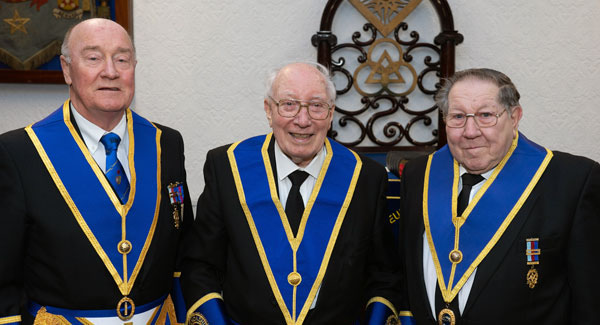 Old Friends. Philip Dobson (left) and Roy Brookes (right) from Borsdane Lodge joined Norman for the celebration.