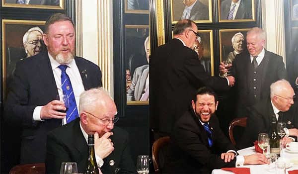 Pictured left: Roger Phillips leads the toast to the health of the master Andrew Ince. Pictured right: Peter Duggan (left) and Andrew Ince during the master’s song