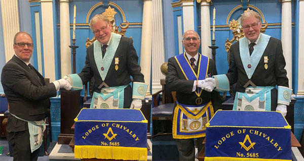 Pictured left: Martin Stewart (left), WM of Lodge of Chivalry No 3974 meets Richard Green, WM of Lodge of Chivalry No 5685. Pictured right: Richard Green (right) welcomes Ian Small into the lodge.