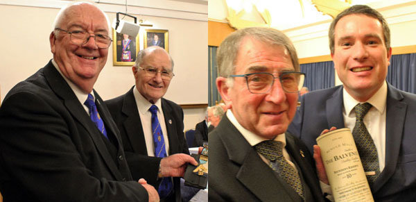 Pictured left: Ted Rhodes (left) presents the past mater’s jewel to Mike Boxall. Pictured right: Edward Oldfield (right) presents the bottle of whisky to Alan Guest.