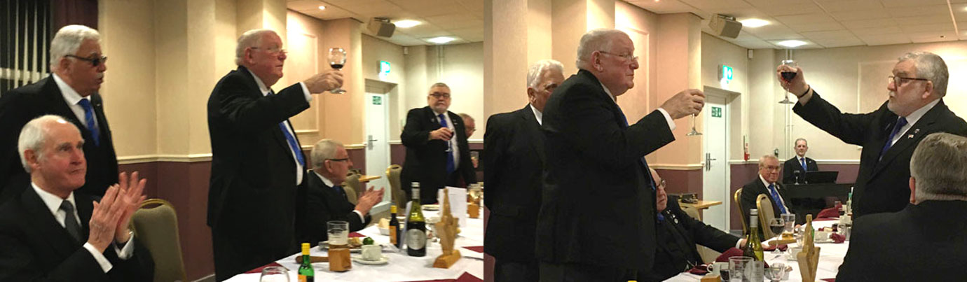 Pictured left: Rodney toast visiting masters. Pictured right: Rodney (left) and Paul toast the master’s song. Pictured left: Rodney toast visiting masters. Pictured right: Rodney (left) and Paul toast the master’s song.