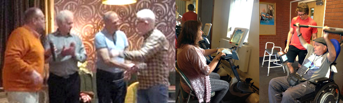 Pictured left from left to right, are: Keith Schmechel, James Wheeldon, Peter Carletti and Peter Elliott (MS Chairman). Pictured right: Members of the MS Therapy accessible gym. Pictured left from left to right, are: Keith Schmechel, James Wheeldon, Peter Carletti and Peter Elliott (MS Chairman). Pictured right: Members of the MS Therapy accessible gym.