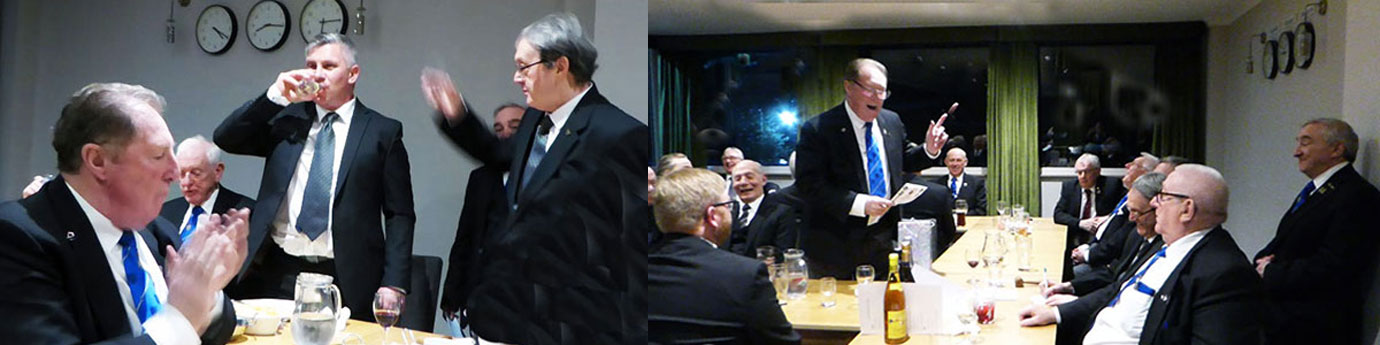 Pictured left: Dominic (standing left) takes wine with Tony Standish. Pictured right: Bill Pinto proposes the toast to Dominic.