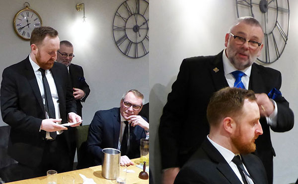 Pictured left: Andrew responds to the toast. Pictured right: Steve Riley sings the apprentice’s song.