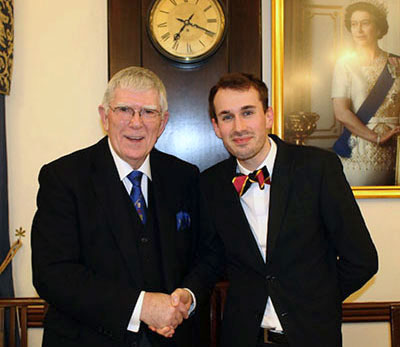 Tony (left) congratulates the WM of University Lodge of Liverpool Liam Buchanan on the lodge’s centenary celebration. Tony (left) congratulates the WM of University Lodge of Liverpool Liam Buchanan on the lodge’s centenary celebration.