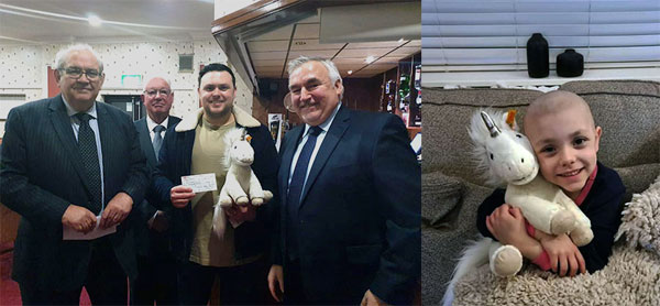 Pictured left from left to right, are: Philip Gunning, Danny Whalley, Blaine Grundy and Martin Clements. Pictured right: Isabelle Grundy with Daisy the unicorn..