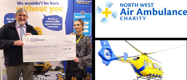 Bob Hampson presents cheque for £250 to the North West Air Ambulance Charity.