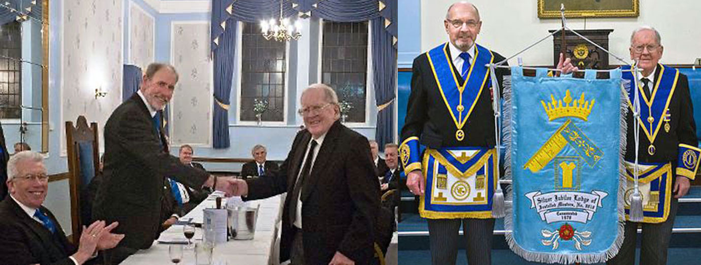 Pictured left from left to right, are: Mark Mathews, Frank Umbers and Alan Shuttleworth. Pictured right: Paul Hardman (left) and Alan Shuttleworth with the new banner.