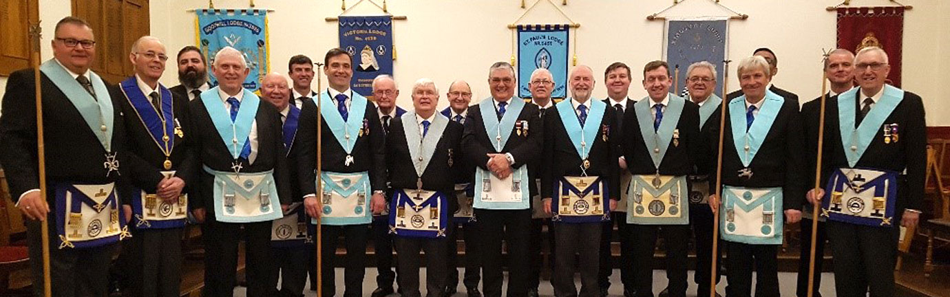 Pictured from left to right, are: Paul Hudson, Ian Morris, James Bussey, Tony Hamilton, Barrie Collinson, Ian Smith (MM visitor from Kilmorey Lodge No 7109 in the Province of Cheshire), Chris Farley, George King, Ian Locke, John Gibbon, Les Williams, Alan Lamparter, Dave Berrington, James Long, Adam Berrington, Tommy Glynn, Frank Smith, behind Frank is Sri Tangirala, Paul Morton and David Clews.