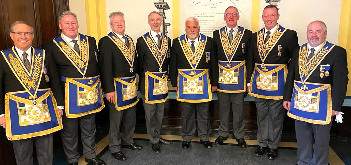 West Lancs celebrants ready to be invested by the Grand Master. Pictured from left to right, are: Giles Barclay, Neil McGill, Peter Schofield, Graham Williams, Barry Dickinson, John Robbie Porter, Jason Dell and Chris Butterfield. West Lancs celebrants ready to be invested by the Grand Master. Pictured from left to right, are: Giles Barclay, Neil McGill, Peter Schofield, Graham Williams, Barry Dickinson, John Robbie Porter, Jason Dell and Chris Butterfield.