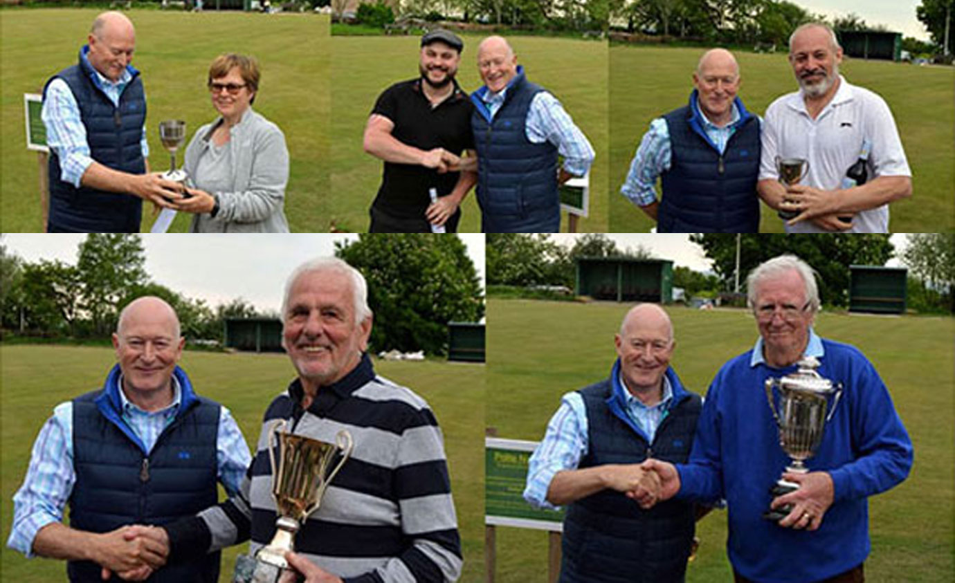 The bevvy of proud winners being presented with their trophies by Peter Allen, pictured clockwise from top left, are: Alison English (Ladies Trophy), Zack Thornley (Light Blues Trophy), Gary Mathews (Masters and First Principals Trophy), Maurice Edge (Tournament Runner Up) and Peter Schofield (Tournament Winner).    