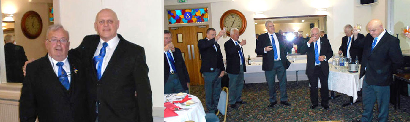 Pictured left: Ken Dobie (left) and David Atkinson. Pictured right: Andrew Whittle (centre) toasting the WM David Atkinson (right) prior to the festive board.