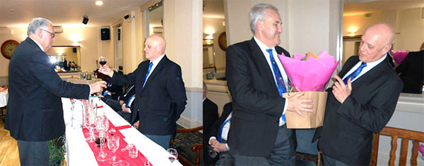 Pictured left: Gwilyn Jones (left) toasting the WM at the festive board. Pictured right: Andrew Whittle (left) is presented with a gift from David on behalf of the lodge. Pictured left: Gwilyn Jones (left) toasting the WM at the festive board. Pictured right: Andrew Whittle (left) is presented with a gift from David on behalf of the lodge.