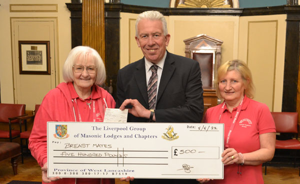 Avril (left) and Julie of Breast Mates receive the cheque from Mark Matthews.
