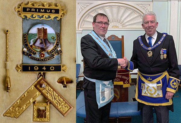 Pictured left: West Derby Castle Lodge’s first past master’s jewel. Pictured right: Paul Devereux (left) being congratulated by Mark Matthews.