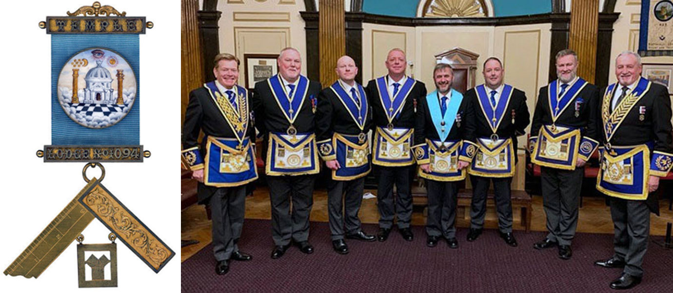 Pictured left: Temple Lodge past master’s jewel. Pictured right from left to right, are: Kevin Poynton, Gary Smith, Malcolm Bell, Daniel Crossley, Robb Fitzsimmons, Benjamin Gorry, David Boyes and Sam Robinson.