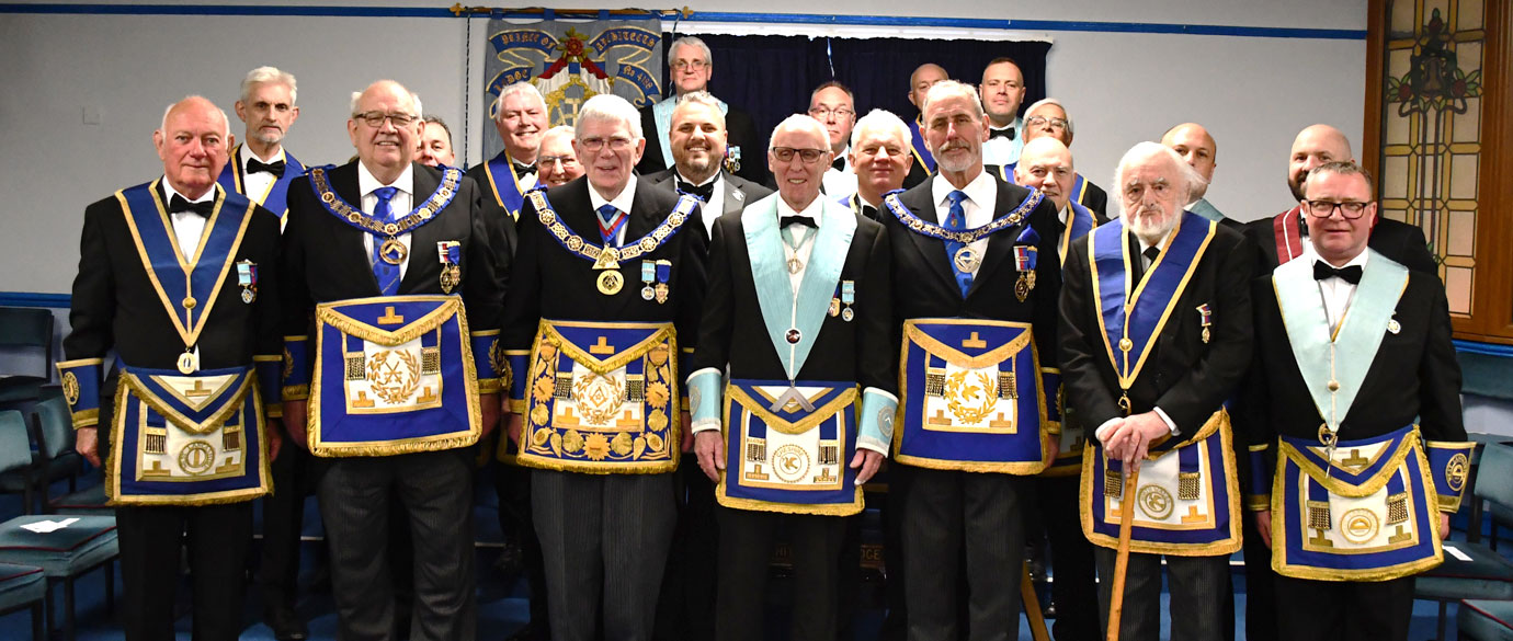 Members of Prince of Architects Lodge wearing their centenary jewels. Members of Prince of Architects Lodge wearing their centenary jewels.
