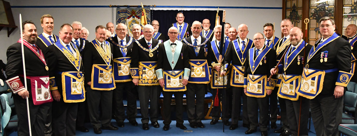 James Jones (centre) with grand, acting Provincial grand officers and Provincial grand officers.