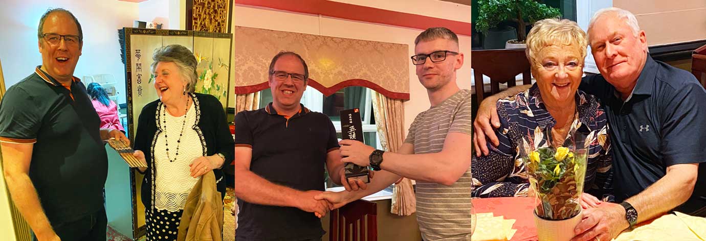 Pictured from left to right, Martin presenting Barbara with her painted chopsticks. Martin presenting Alex with his bottle of sake and Colin and Sheila with their miniature rose.