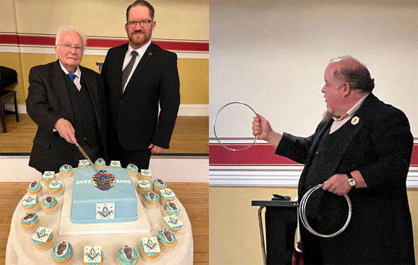 Pictured left: Eric Kehoe (left) and Darren Poole cutting the cake. Pictured right: Magician Alex Fisher up to his tricks.