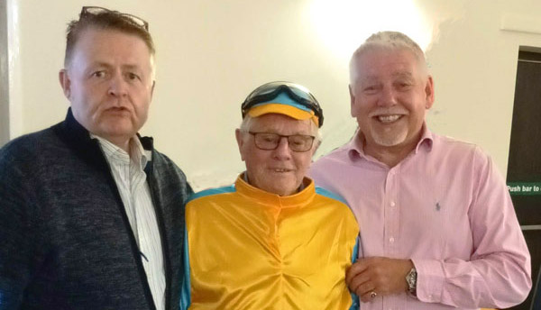 Pictured from left to right, are: James Ross, ‘Wee Wille Carson’ aka John Alderson and Bob Williams after a very successful night at the races. Pictured from left to right, are: James Ross, ‘Wee Wille Carson’ aka John Alderson and Bob Williams after a very successful night at the races.