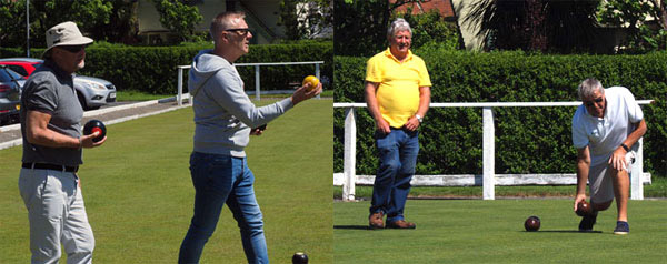 Pictured left: Steve Jelley (right) prepares to set the mark to start an end, with John Cross ready to bowl. Pictured right: John Eastwood (right) bowls with Keith Carter looking on. 