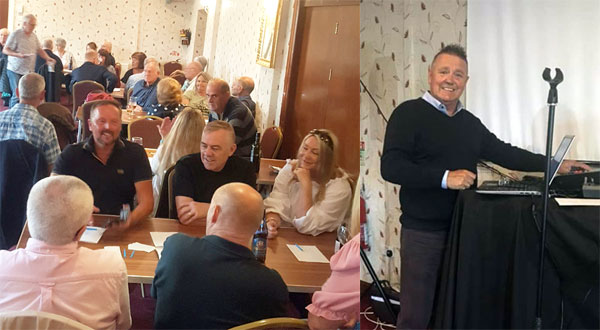 Pictured left: Neil MacSymons (left, facing camera) with Steve Jelly and other members of the officer’s quiz team. Pictured right: Mark (Bomber) Clifford compered the whole evening and was very entertaining.