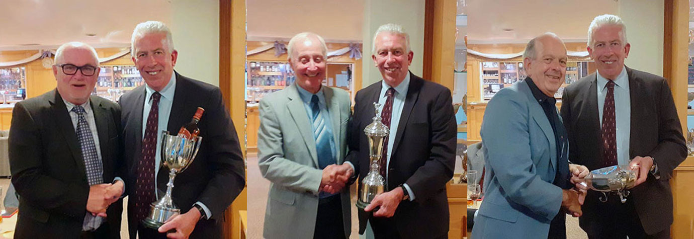 Pictured left: Paul Kevan (left) presented with the David Foulds Chapter Cup by Mark Matthews. Pictured centre: Mike Mullen (left) receives the Turner Trophy. Pictured right: Chris Rogers proudly accepts the Harry Doughty Scratch Trophy. Pictured left: Paul Kevan (left) presented with the David Foulds Chapter Cup by Mark Matthews. Pictured centre: Mike Mullen (left) receives the Turner Trophy. Pictured right: Chris Rogers proudly accepts the Harry Doughty Scratch Trophy.