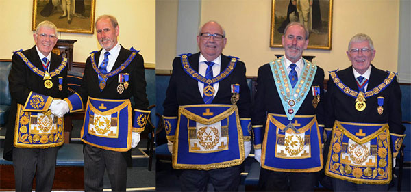 Pictured left: Tony Harrison (left) congratulates newly-installed Frank Umbers. Pictured right from left to right, are: Philip Gunning, Frank Umbers and Tony Harrison.