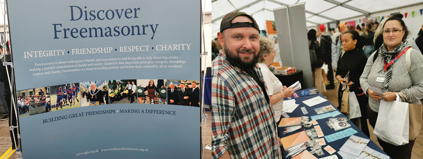 Pictured left: The West Lancashire display board. Pictured right: Angela and David talking to interested people coming to the Freemasons stall.