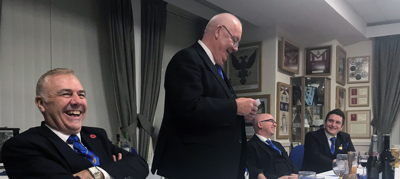 Ted Rhodes entertains Steve Jelly (left) and the brethren with his stories. Ted Rhodes entertains Steve Jelly (left) and the brethren with his stories.