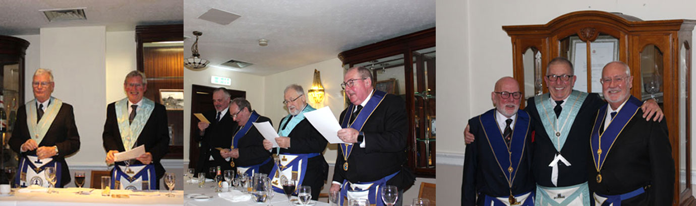 Pictured left: Phill Marshall (left) and John Donnelly, start the entered apprentice song. Pictured centre from left to right, are: Steven Harris, David Jones, Eric O’Callaghan and Adrian McLoughlin joining in the chorus. Pictured right, are: James Murphy (centre) and his wardens, Ian Elsby (left) and David Berrington. Pictured left: Phill Marshall (left) and John Donnelly, start the entered apprentice song. Pictured centre from left to right, are: Steven Harris, David Jones, Eric O’Callaghan and Adrian McLoughlin joining in the chorus. Pictured right, are: James Murphy (centre) and his wardens, Ian Elsby (left) and David Berrington.